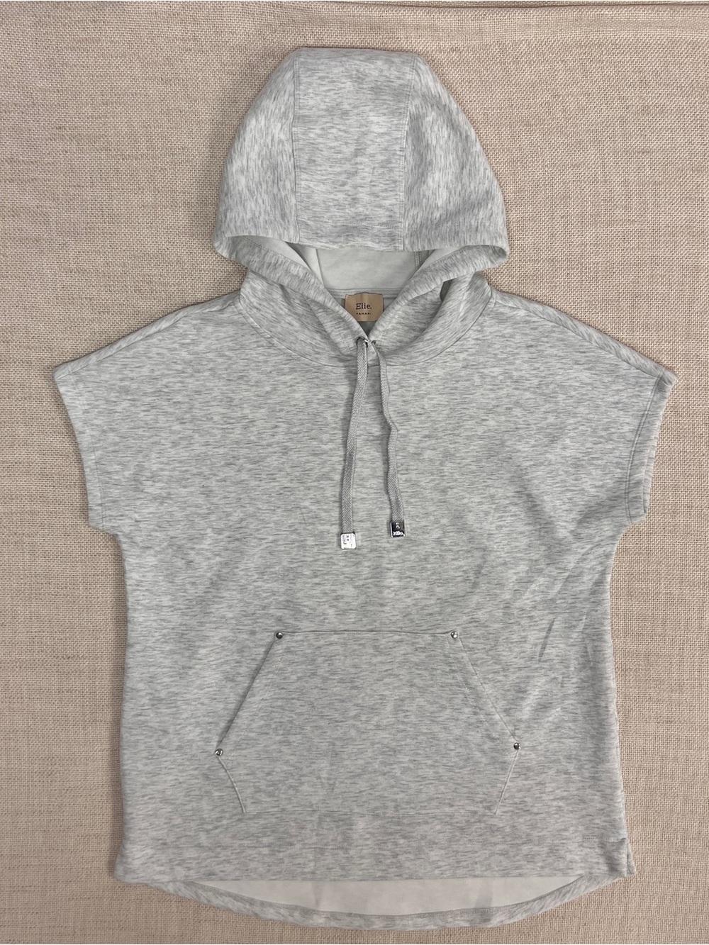 Elie Tahari Heather Grey Short Sleeve Hooded Pullover Sweatshirt Hoodie